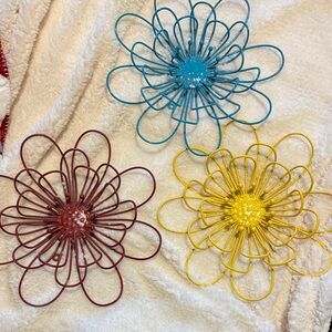 Set of 3 Metal Flower Wall Accents - Blue, Yellow, Red
